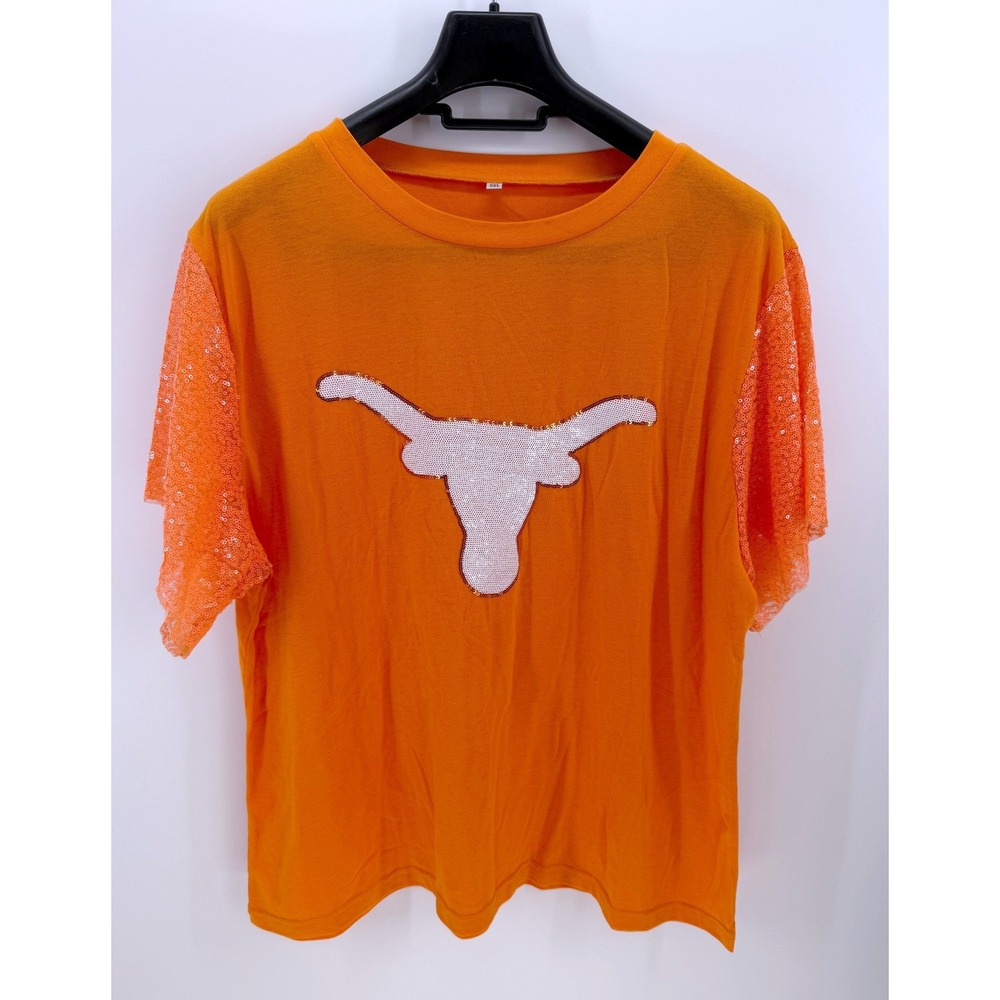 Texas Longhorns Sequin Logo Lace Sleeve Orange T-Shirt Women's 3XL UT